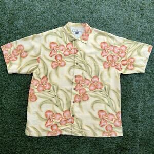 Tommy Bahama Shirt Mens Large Yellow Floral Hawaiian 100% Silk Casual Preppy